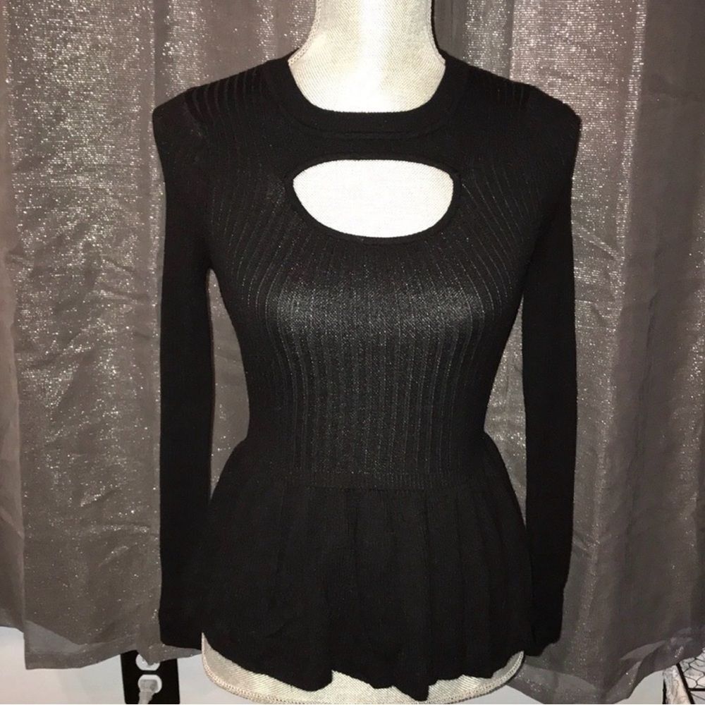 Sexy Black Peplum Keyhole Black Sweater Long Sleeve Knit Top XS